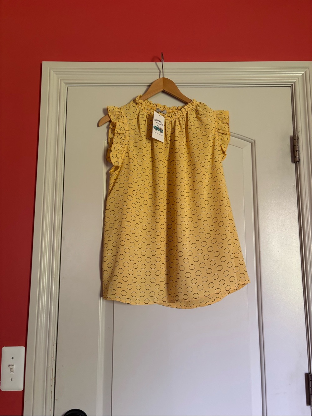 CES FEMME Yellow Ruffle Sleeve Polka Dot Blouse. Size Small. NWT!